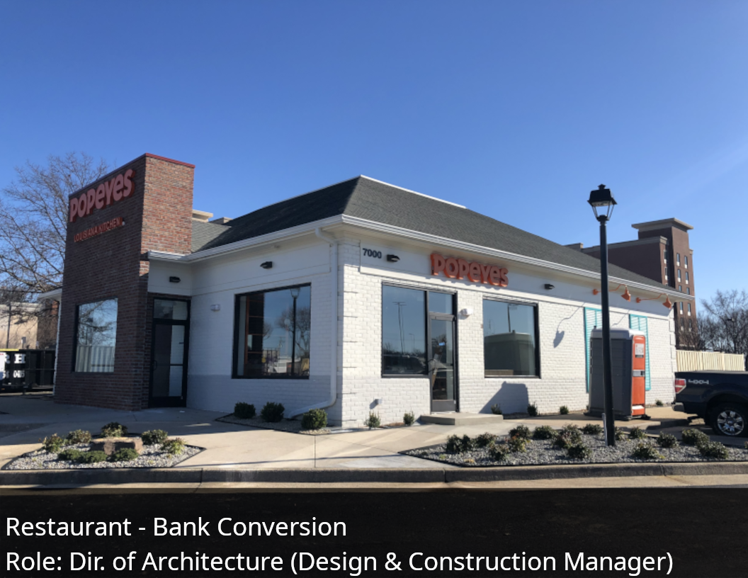 Restaurant - Bank Conversion. Role: Director of Architecture (Design and Construction Manager)